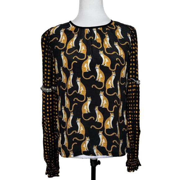 Bl^nk London Blouse Long‎ Sleeve Top Cats Cheetah Black Size XS New - Picture 1 of 9